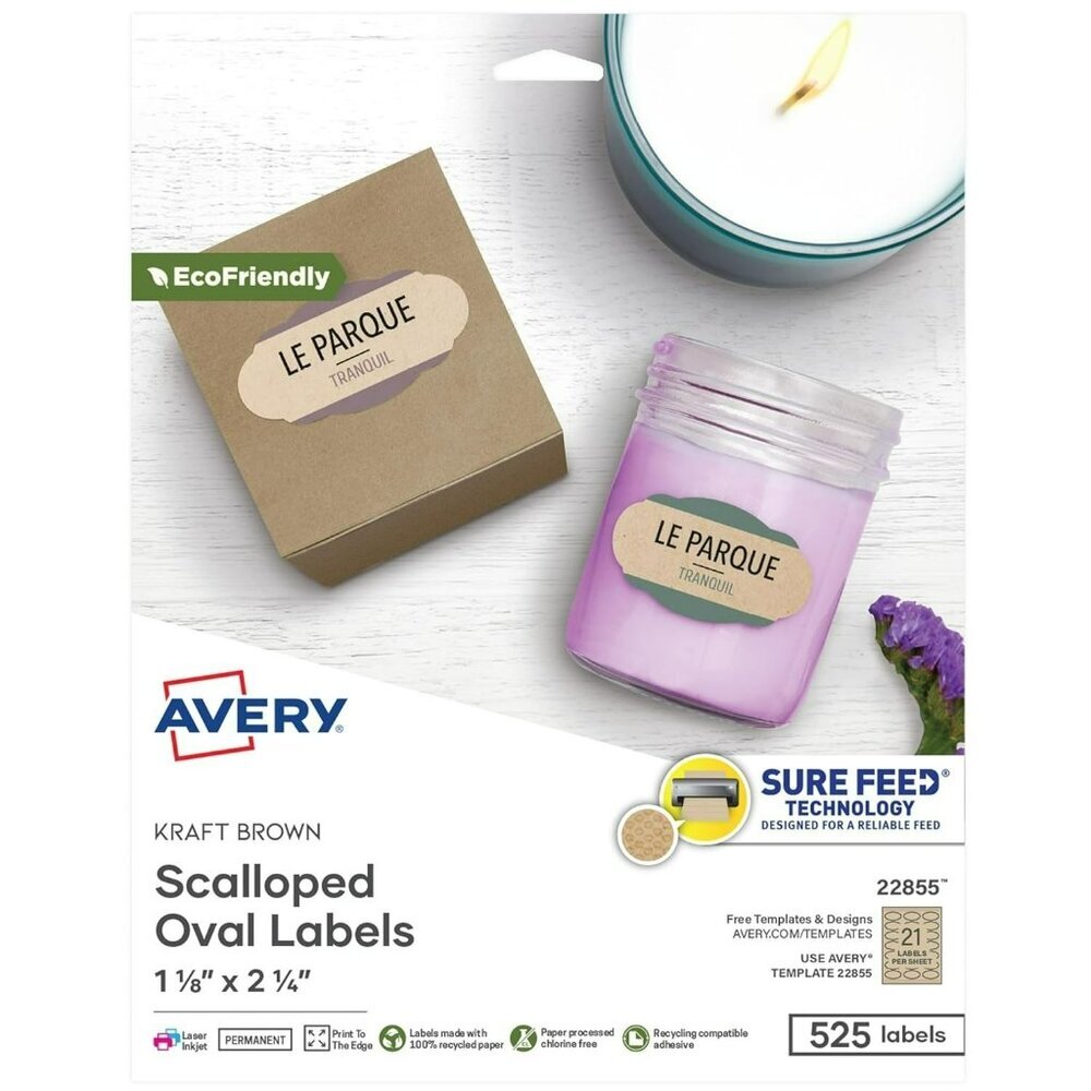 Avery® Kraft Brown Scalloped Oval Labels 1-1/8" x 2-1/4" #22855 Laser/Inkjet New
